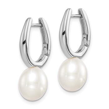 Sterling Silver Rhodium-plated 7-8mm White Rice Freshwater Cultured Pearl Dangle Hoop Earrings — alternate view