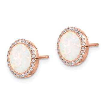 Sterling Silver Rose-Tone Created Opal & CZ Round Halo Post Earrings — alternate view