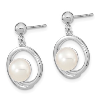 Sterling Silver Rhodium-plated 7-8mm White Button Freshwater Cultured Pearl Post Dangle Earrings — alternate view