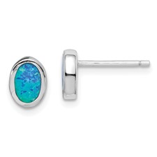 Image of Sterling Silver RH-plated Polished Blue Created Opal Oval Stud Earrings
