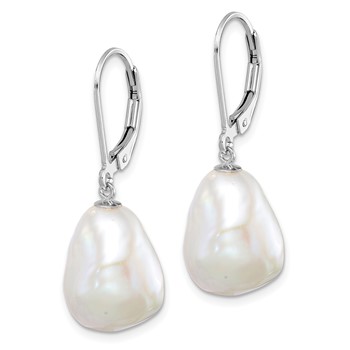Sterling Silver Rhodium-plated 11-12mm White Keshi Freshwater Cultured Pearl Leverback Dangle Earrings — alternate view
