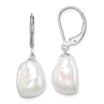 Sterling Silver Rhodium-plated 11-12mm White Keshi Freshwater Cultured Pearl Leverback Dangle Earrings