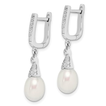 Sterling Silver Rhodium-plated 7-8mm White Rice Freshwater Cultured Pearl and CZ  Dangle Leverback Earrings — alternate view