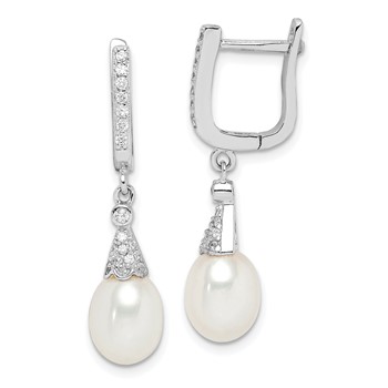 Sterling Silver Rhodium-plated 7-8mm White Rice Freshwater Cultured Pearl and CZ  Dangle Leverback Earrings