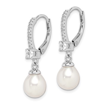 Sterling Silver Rhodium-plated 7-8mm White Teardrop Freshwater Cultured Pearl and CZ Leverback Dangle Earrings — alternate view