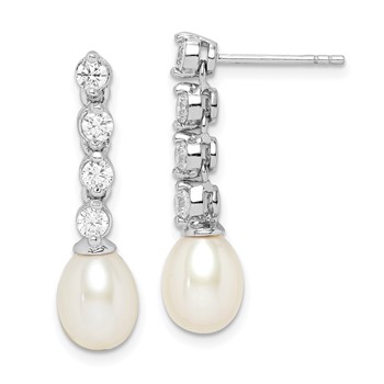 Sterling Silver Rhodium-plated 7-8mm White Rice Freshwater Cultured Pearl and CZ Post Dangle Earrings