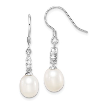 Sterling Silver Rhodium-plated 7-8mm White Teardrop Freshwater Cultured Pearl and CZ Dangle Earrings