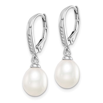 Sterling Silver Rhodium-plated 7-8mm White Teardrop Freshwater Cultured Pearl and CZ Leverback Dangle Earrings — alternate view