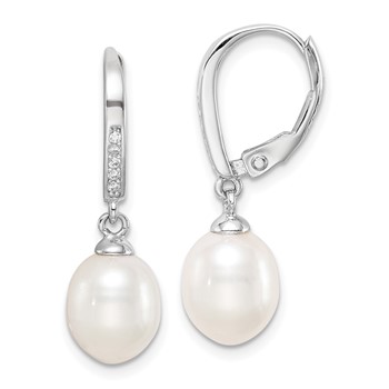 Sterling Silver Rhodium-plated 7-8mm White Teardrop Freshwater Cultured Pearl and CZ Leverback Dangle Earrings