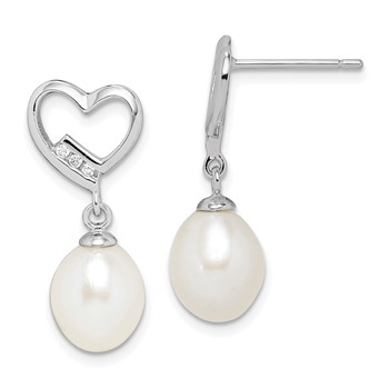 Sterling Silver Rhodium-plated 7-8mm White Rice Freshwater Pearl and CZ Heart Post Dangle Earrings