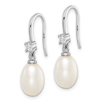 Sterling Silver Rhodium-plated 7-8mm White Teardrop Freshwater Cultured Pearl and CZ Dangle Earrings — alternate view