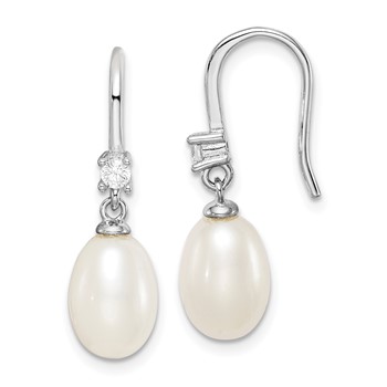 Sterling Silver Rhodium-plated 7-8mm White Teardrop Freshwater Cultured Pearl and CZ Dangle Earrings