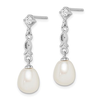 Sterling Silver Rhodium-plated 7-8mm White Rice Freshwater Cultured Pearl and CZ Post Dangle Earrings — alternate view