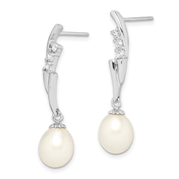 Sterling Silver Rhodium-plated 7-8mm White Rice Freshwater Cultured Pearl and CZ Post Dangle Earrings — alternate view