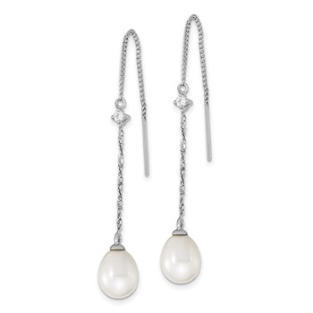 Sterling Silver Rhodium-plated 7-8mm White Teardrop Freshwater Cultured Pearl and CZ Threader Earrings — alternate view