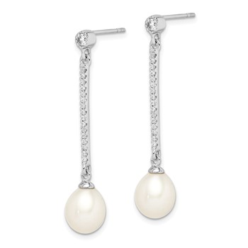 Sterling Silver Rhodium-plated 8-9mm White Rice Freshwater Cultured Pearl and CZ Post Dangle Earrings — alternate view