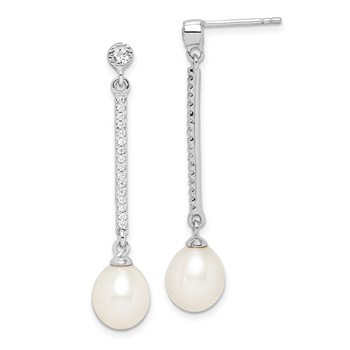Sterling Silver Rhodium-plated 8-9mm White Rice Freshwater Cultured Pearl and CZ Post Dangle Earrings