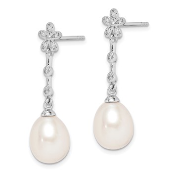 Sterling Silver Rhodium-plated 8-9mm White Rice Freshwater Cultured Pearl and CZ Flower Post Dangle Earrings — alternate view