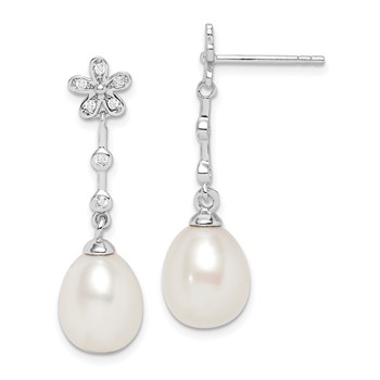 Sterling Silver Rhodium-plated 8-9mm White Rice Freshwater Cultured Pearl and CZ Flower Post Dangle Earrings