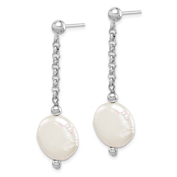 Sterling Silver Rhodium-plated 12-13mm White Coin Freshwater Cultured Pearl Post Dangle Earrings — alternate view