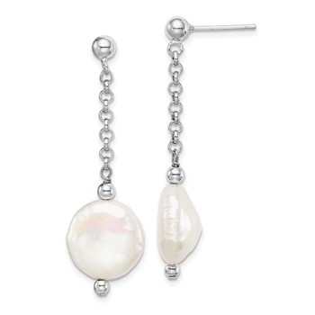 Sterling Silver Rhodium-plated 12-13mm White Coin Freshwater Cultured Pearl Post Dangle Earrings