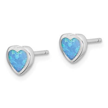Sterling Silver Rhodium-plated 6mm Blue Created Opal Heart Post Earrings — alternate view