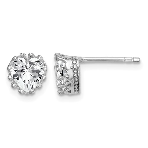 Sterling Silver RH-plated Polished & Textured 6mm Heart CZ Stud Earrings