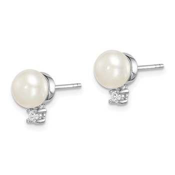 Sterling Silver Rhodium-plated 6-7mm White Button Freshwater Cultured Pearl and CZ Post Earrings — alternate view