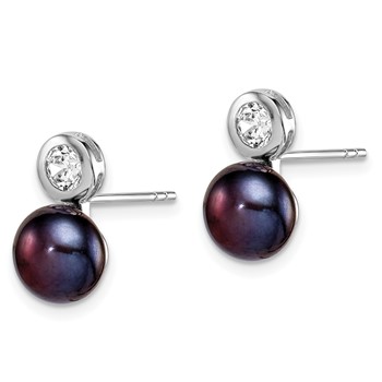Sterling Silver Rhodium-plated 7-8mm Black Button Freshwater Cultured Pearl and CZ Post Earrings — alternate view