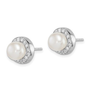 Sterling Silver Rhodium-plated 7-8mm White Button Freshwater Cultured Pearl and CZ Post Earrings — alternate view