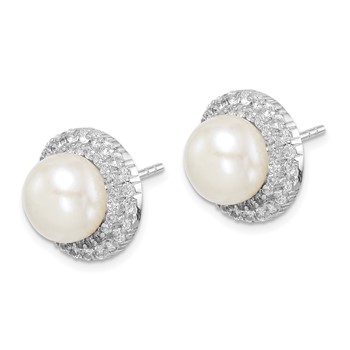 Sterling Silver Rhodium-plated 8-9mm White Button Freshwater Cultured Pearl and CZ Post Earrings — alternate view