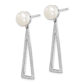 Sterling Silver Rhodium-plated 8-9mm White Button FWC Pearl CZ Earrings — alternate view