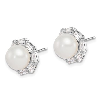 Sterling Silver Rhodium-plated 8-9mm White Button Freshwater Cultured Pearl and CZ Post Earrings — alternate view