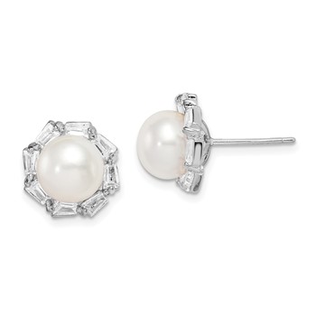 Sterling Silver Rhodium-plated 8-9mm White Button Freshwater Cultured Pearl and CZ Post Earrings