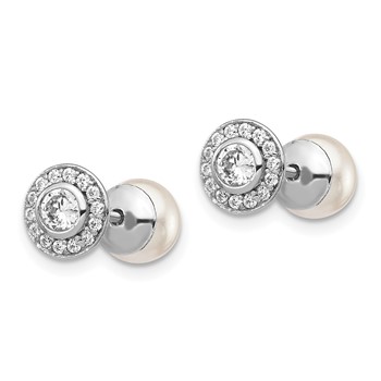 Sterling Silver Rhodium-plated Polished White 5-6mm Mother of Pearl & CZ Halo Reversible Post Earrings — alternate view