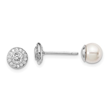 Sterling Silver Rhodium-plated Polished White 5-6mm Mother of Pearl & CZ Halo Reversible Post Earrings