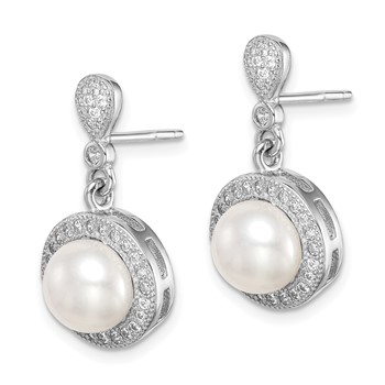 Sterling Silver Rhodium-plated 8mm Imitation Shell Pearl CZ Post Earrings — alternate view