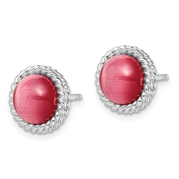 Sterling Silver Rhodium-plated Created Pink Cats Eye Post Earrings — alternate view