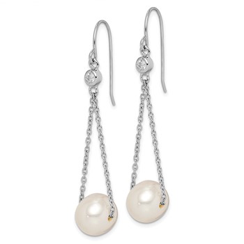 Sterling Silver Rhodium-plated 9-10mm White Semi-Round Freshwater Cultured Pearl and CZ Dangle Earrings — alternate view