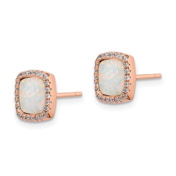 Sterling Silver Rose-Tone Created Opal & CZ Square Halo Post Earrings — alternate view