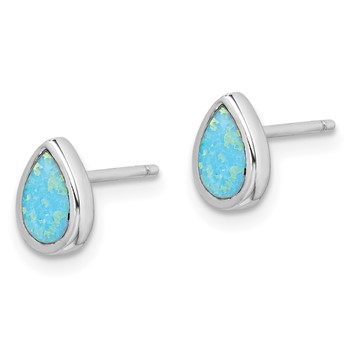 Sterling Silver RH-pltd Polished Blue Created Opal Teardrop Stud Earrings — alternate view