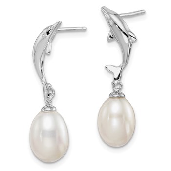 Sterling Silver Rhodium-plated 7-8mm White Rice Freshwater Cultured Pearl Dolphin Post Dangle Earrings — alternate view
