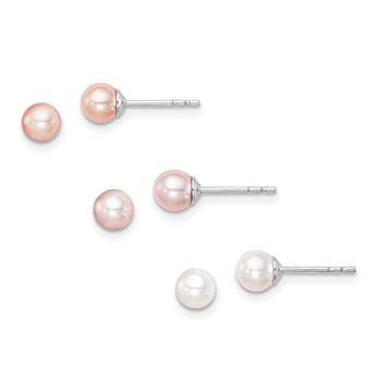 "Sterling Silver Madi K Rhodium-plated 4-5mm White, Pink and Purple Round Freshwater Cultured Pearl Set of 3 Earrings"