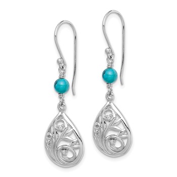 Sterling Silver Rhodium-plated Polished Filigree CZ & Reconstituted Turquoise Teardrop Dangle Earrings — alternate view