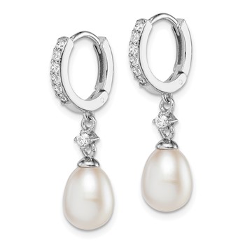 Sterling Silver Rhodium-plated 7-8mm White Freshwater Cultured Pearl and CZ Hoop Dangle Earrings — alternate view