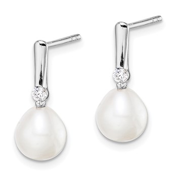 Sterling Silver Rhodium-plated 7-8mm White Rice Freshwater Cultured Pearl and CZ Post Dangle Earrings — alternate view