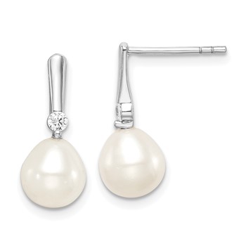 Sterling Silver Rhodium-plated 7-8mm White Rice Freshwater Cultured Pearl and CZ Post Dangle Earrings
