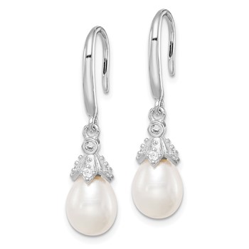 Sterling Silver Rhodium-plated 7-8mm White Teardrop Freshwater Cultured Pearl and CZ Dangle Earrings — alternate view