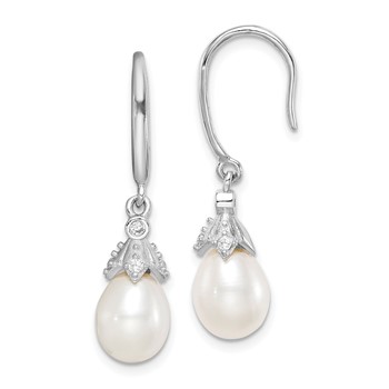 Sterling Silver Rhodium-plated 7-8mm White Teardrop Freshwater Cultured Pearl and CZ Dangle Earrings