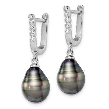 Sterling Silver Rhodium-plated 9-10mm Black Teardrop Tahitian Saltwater Cultured Pearl and CZ Dangle Earrings — alternate view